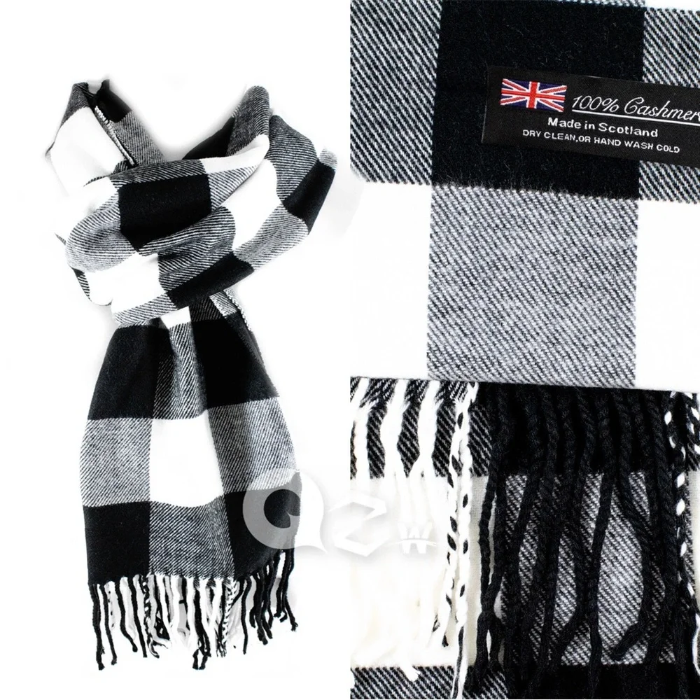 100% Cashmere-made in Scotland Black and White Checkered Scarf